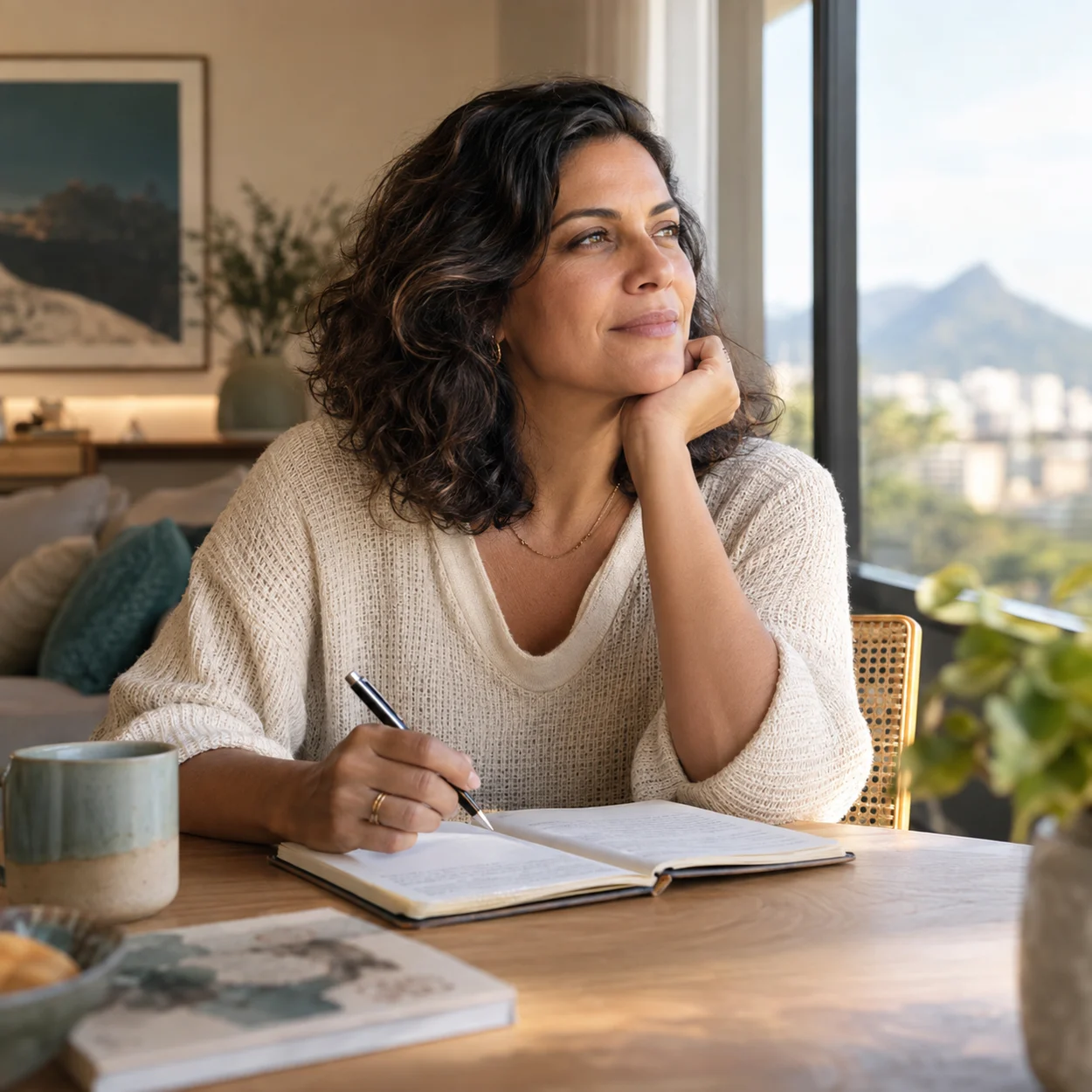 Mulher em uma pausa de reflexão com seu caderno
